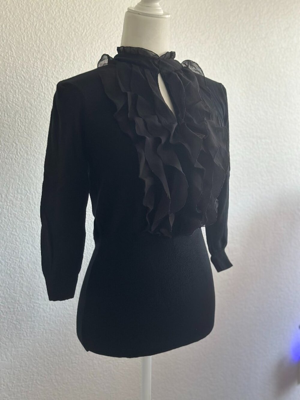 Tracy M Black Ruffle Front Blouse Size Medium Sheer Romantic Victorian Style